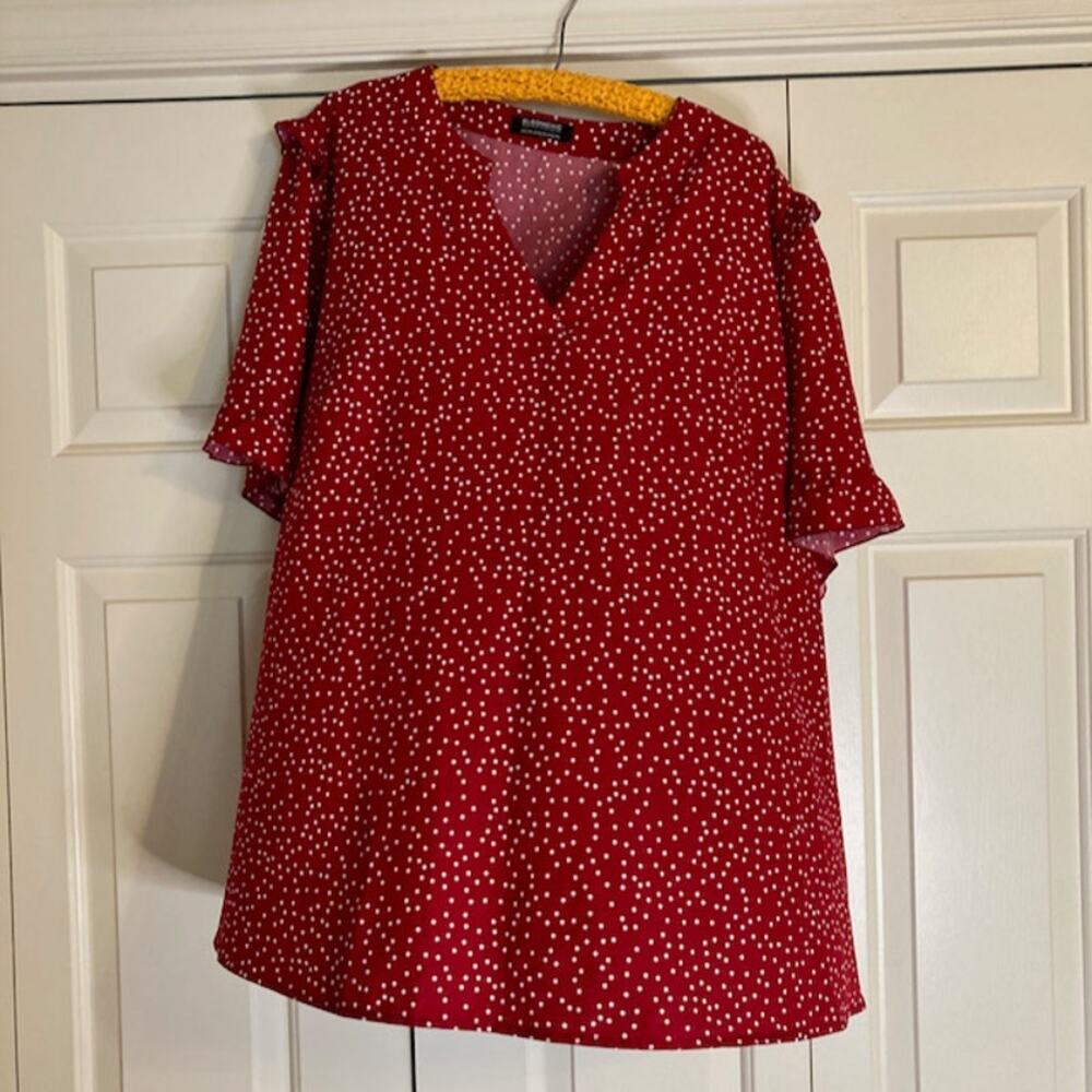 Women's Sz 22/24 Bloomchic Red and White Polka Dot Ruffled Short Sleeve Blouse